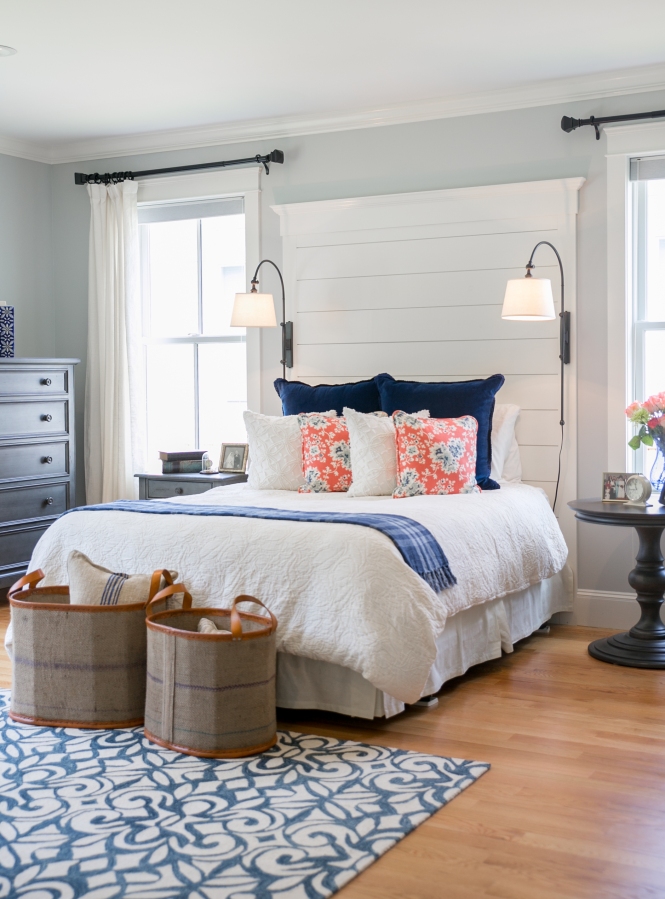 Navy, coral and cream master bedroom with shiplap details  